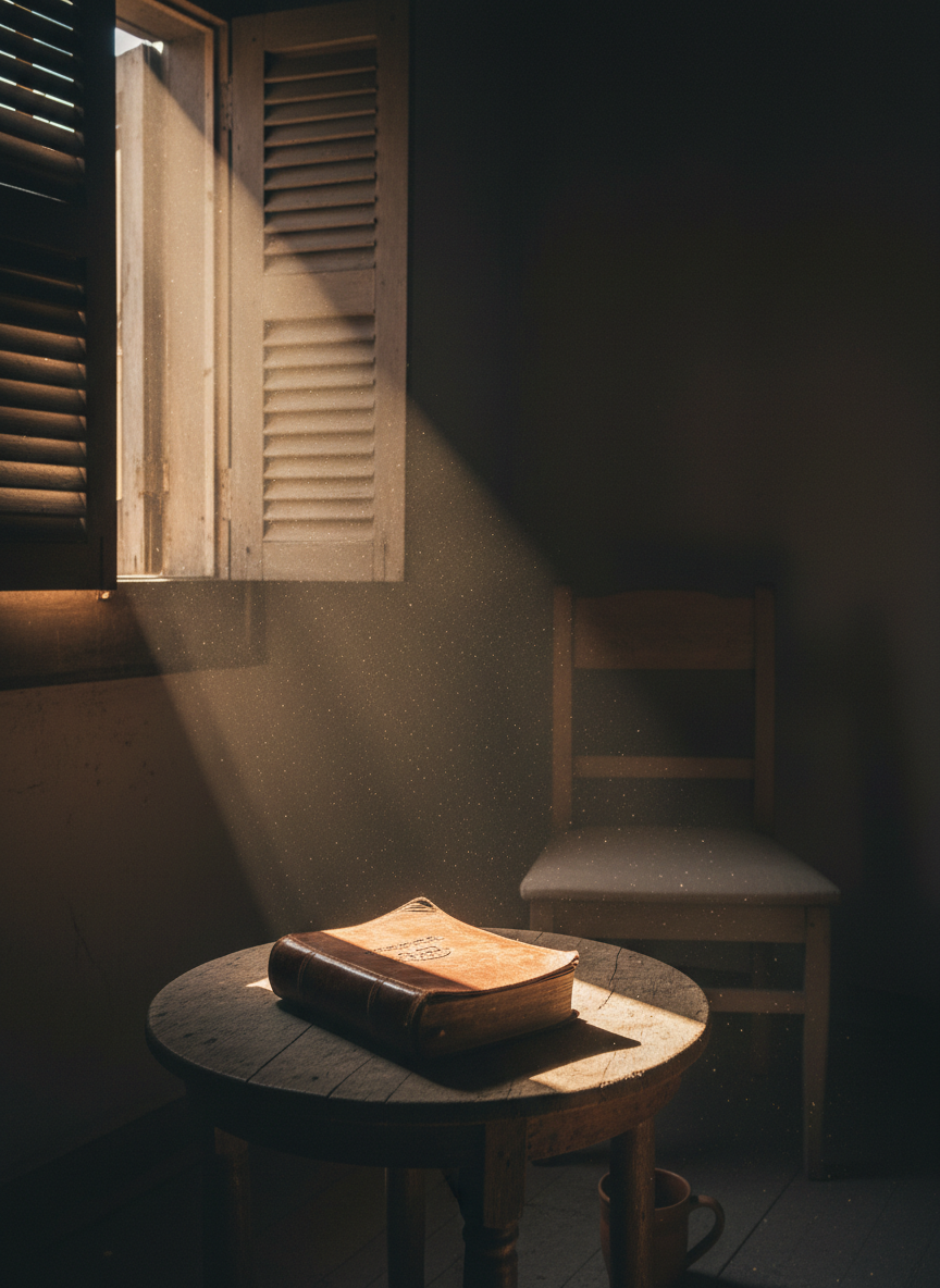 A narrow shaft of golden sunlight pours through partially opened wooden shutters into a dim, uncluttered room, landing precisely on a well-worn leather Bible resting on a small, rustic table. Dust motes float visibly in the beam of light, glowing softly. The rest of the room remains in cool shadow, with only the outline of a simple wooden chair and a plain clay mug visible. Photographic realism with a slightly low angle, using dramatic contrast between light and shadow to convey God’s presence and guidance breaking into everyday life.