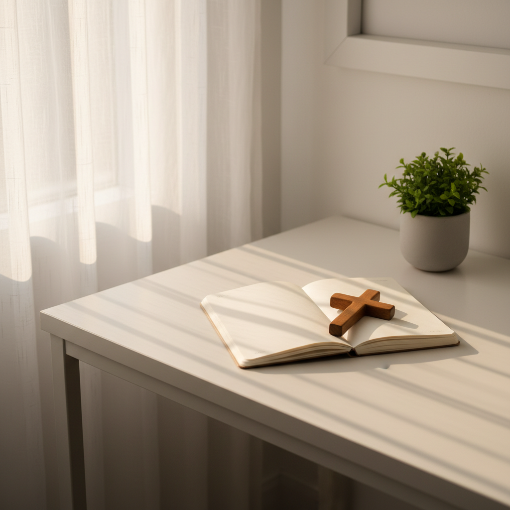 A serene, minimalist corner of a home office features a clean white desk with a single open notebook, a smooth natural wood cross lying gently across its blank page. Beside it, a small, thriving green plant in a matte ceramic pot adds life. Late-afternoon sunlight filters through sheer curtains, creating gentle, elongated shadows and a soft glow along the desk’s edge. Photographic realism, shot from a slightly elevated angle using the rule of thirds, highlighting open space and simplicity. The mood is peaceful, inviting stillness and quiet prayer in the midst of daily responsibilities.
