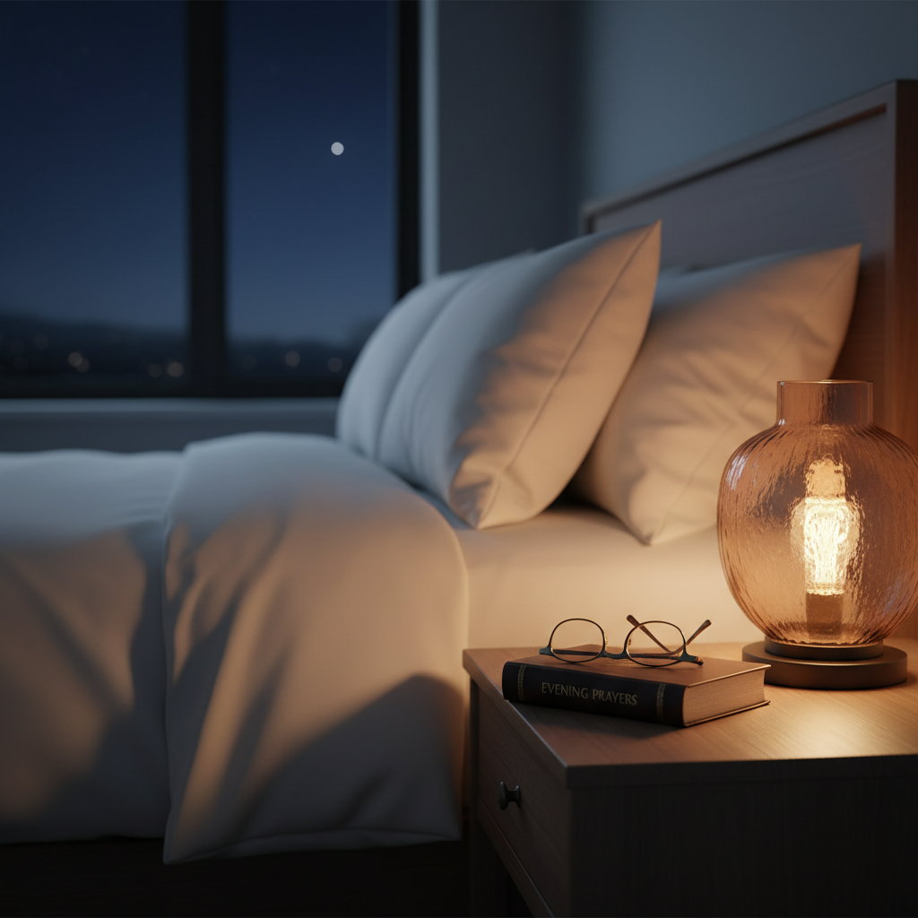 A nightstand beside a neatly made bed holds a softly glowing amber glass lamp, its warm light illuminating a closed devotional book and a pair of reading glasses resting on top. Outside the nearby window, the deep blue of twilight fades into darkness, with a single distant star just visible. Photographic realism, shot at eye level with a shallow depth of field, focusing on the book and the gentle gradient of light. The mood is comforting and intimate, suggesting a daily rhythm of ending the day in conversation with God.
