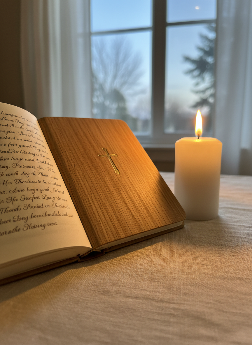 A simple wooden prayer journal, its cover embossed with a small, understated gold cross, lies open on a linen-covered table. A single lit white candle stands beside it, its flame steady, casting a warm pool of light over softly written lines of ink. In the background, a slightly out-of-focus window reveals the faint glow of early morning, pale blue sky beginning to brighten. Photographic realism, eye-level composition with shallow depth of field, emphasizing the candlelight on the pages. The atmosphere feels calm, reflective, and hopeful, suggesting quiet conversation with God at the start of the day.